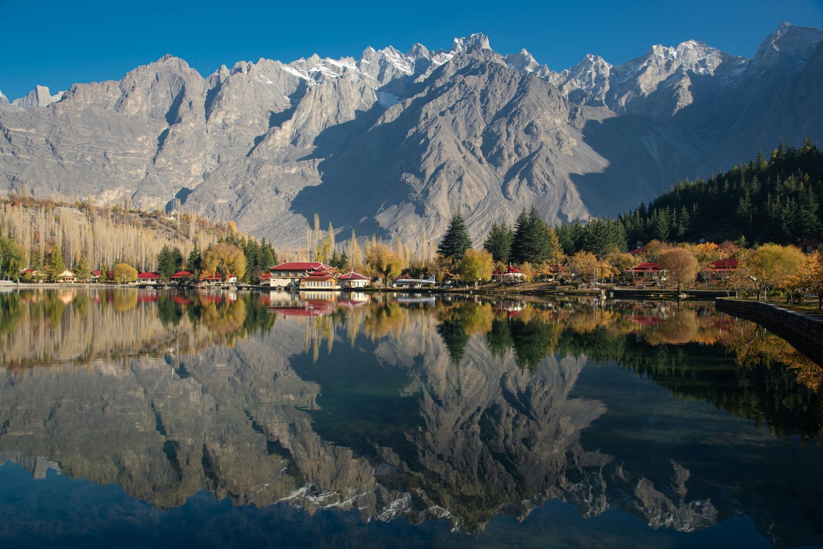 Tourism Beautiful reflection of mountains and autumn foliage at Shangrila Lake, Skardu, Pakistan.